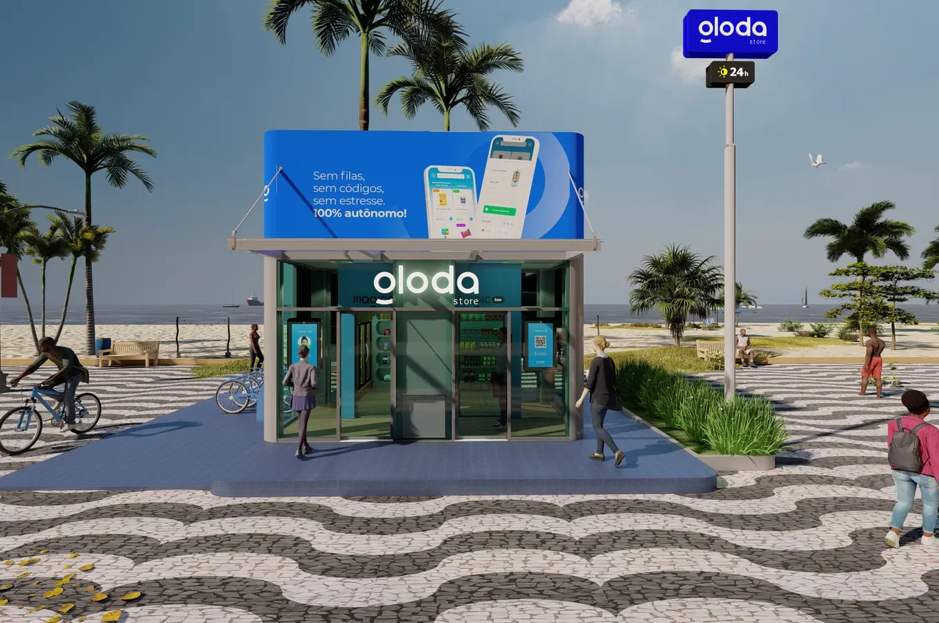 Estação autônoma gloda.store num calçadão à beira-mar