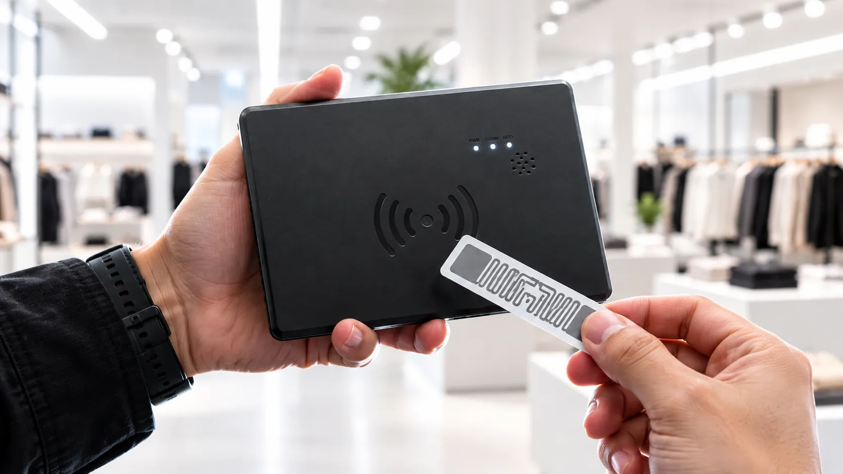 Leitor de mesa MagicPad lendo uma etiqueta RFID