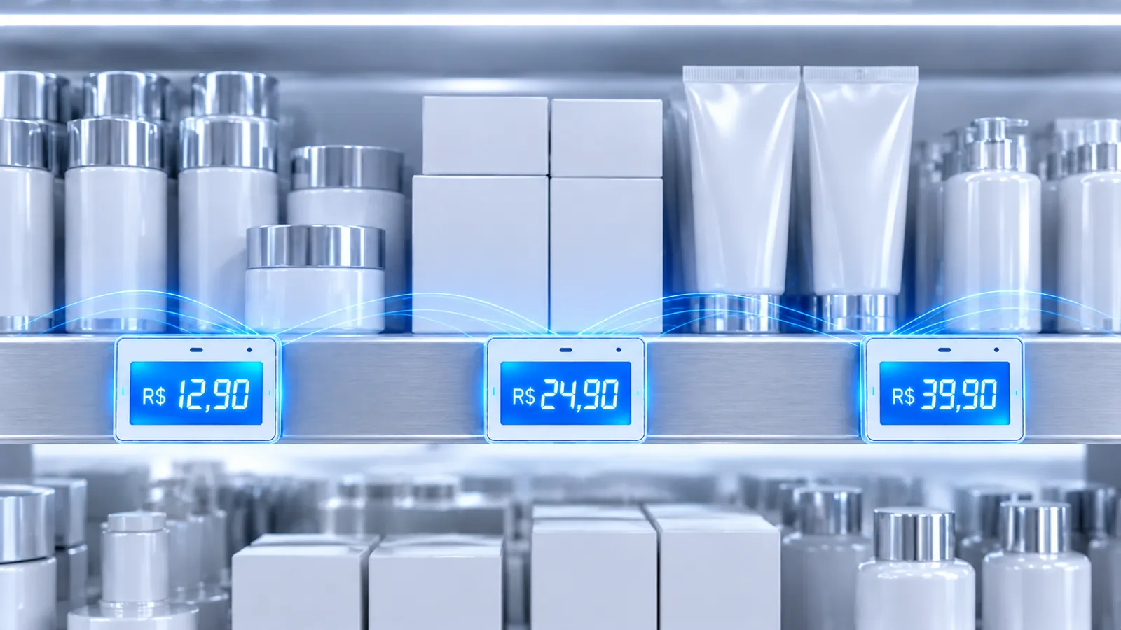 Gôndola com etiquetas eletrônicas de preço