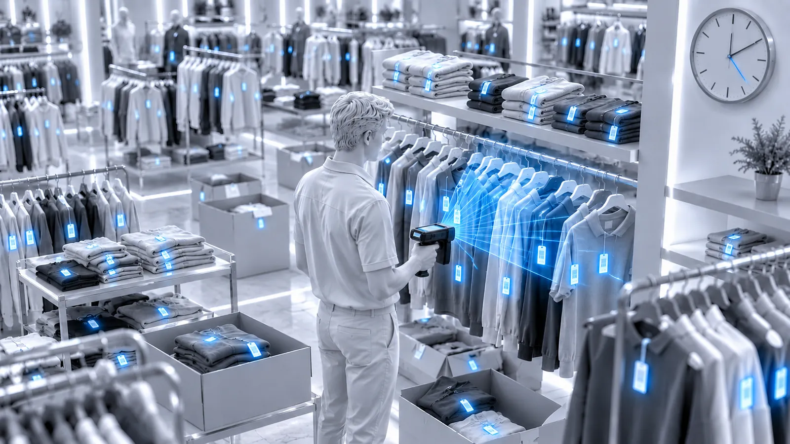 Inventário com leitor RFID portátil entre as araras